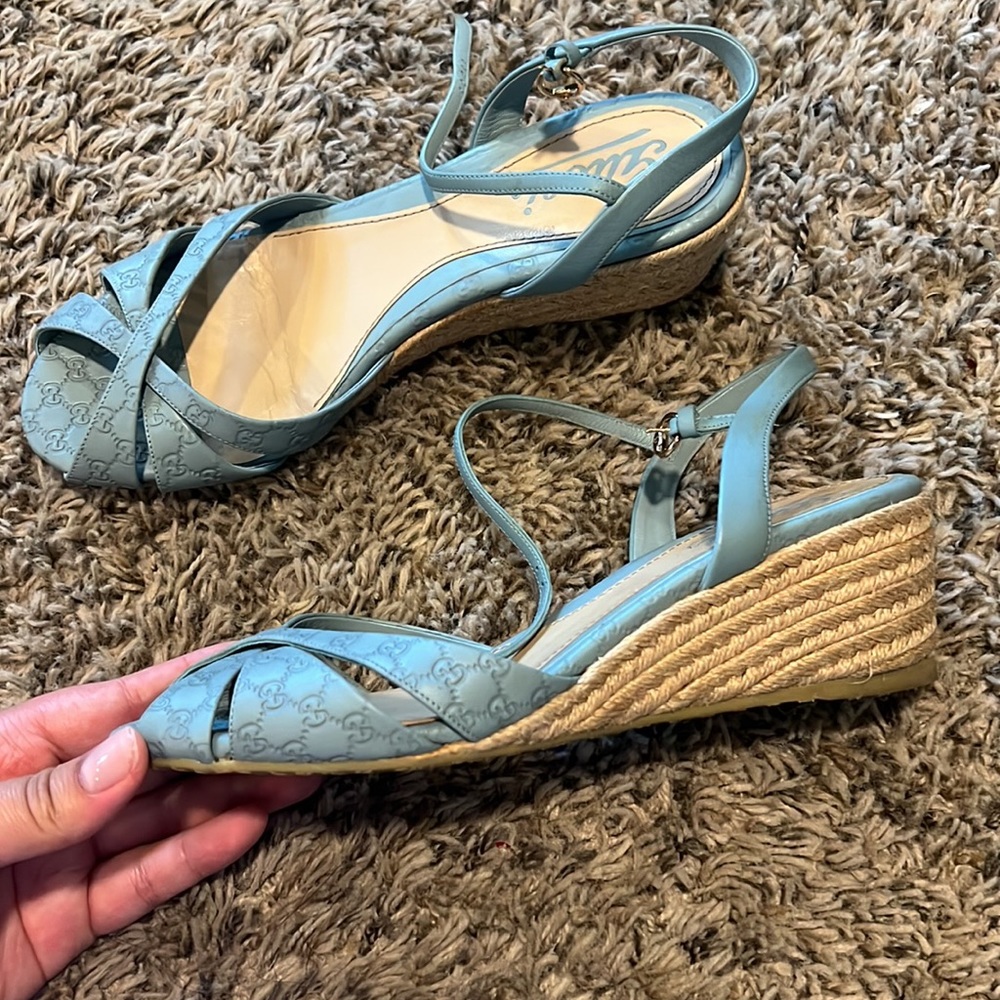 Gucci Pale Blue Micro Guccissima Leather Penelope Espadrille Wedges